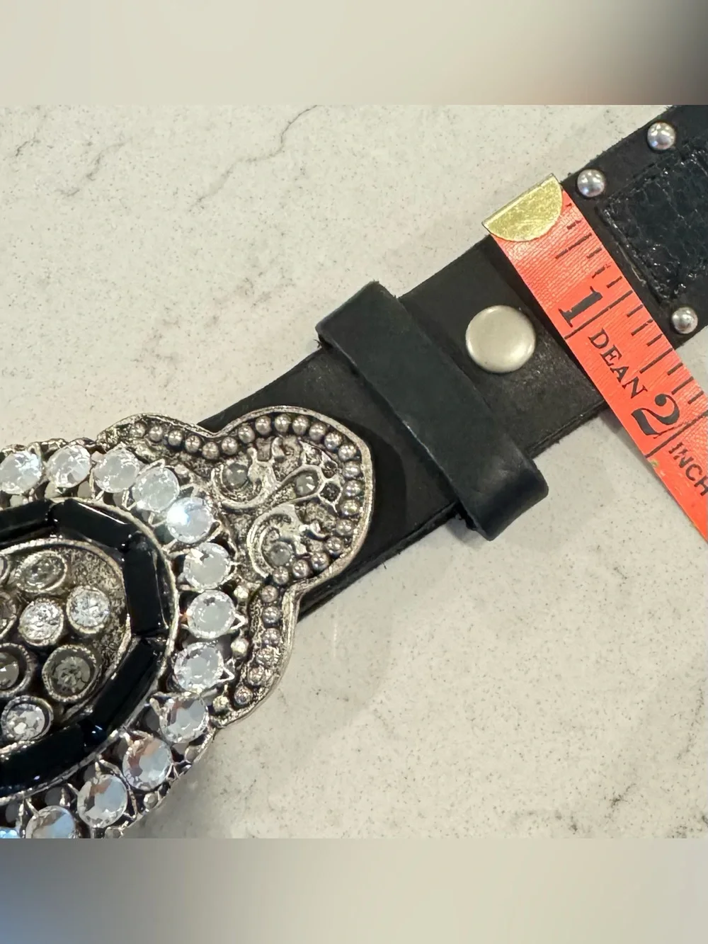 Vintage Leatherrock Studded Black Leather Belt Crystal Buckle Size 36